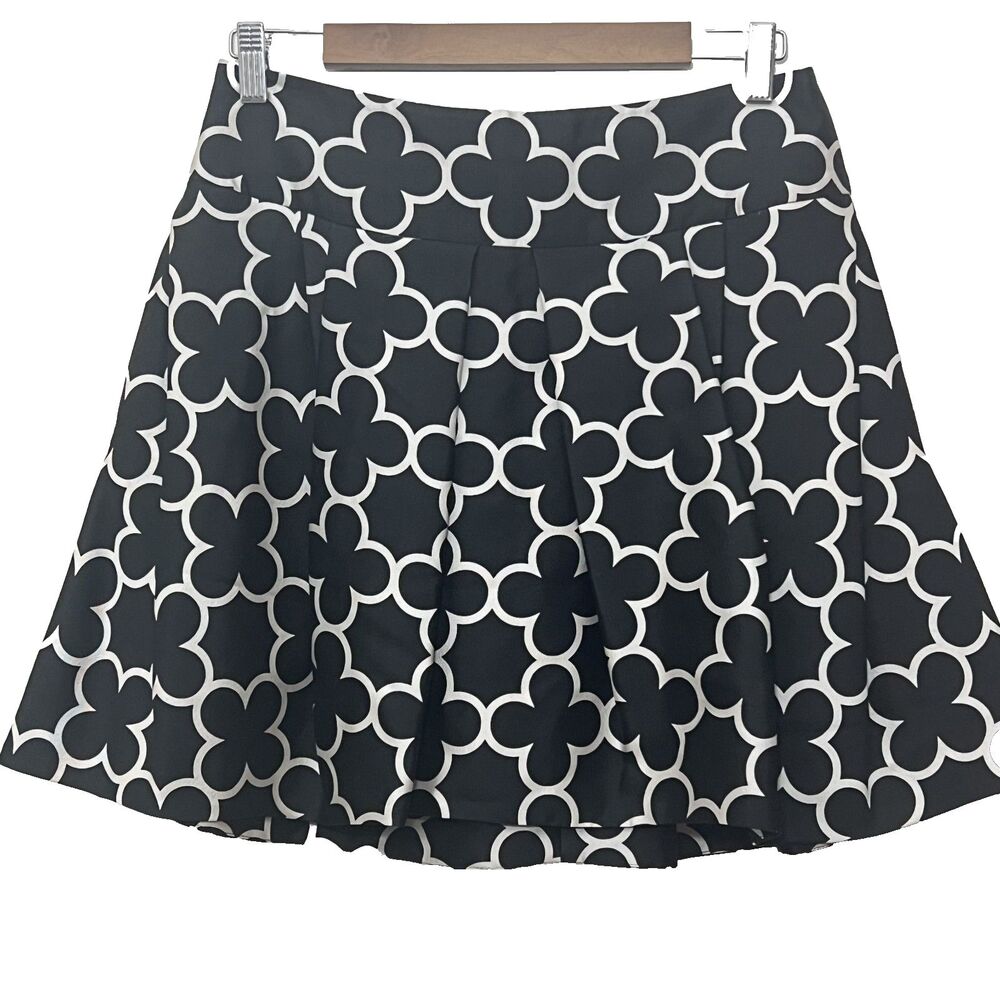 PINK TARTAN Brand Skirt 6 Silk Wool Lined Quatrefoil Black White Mini